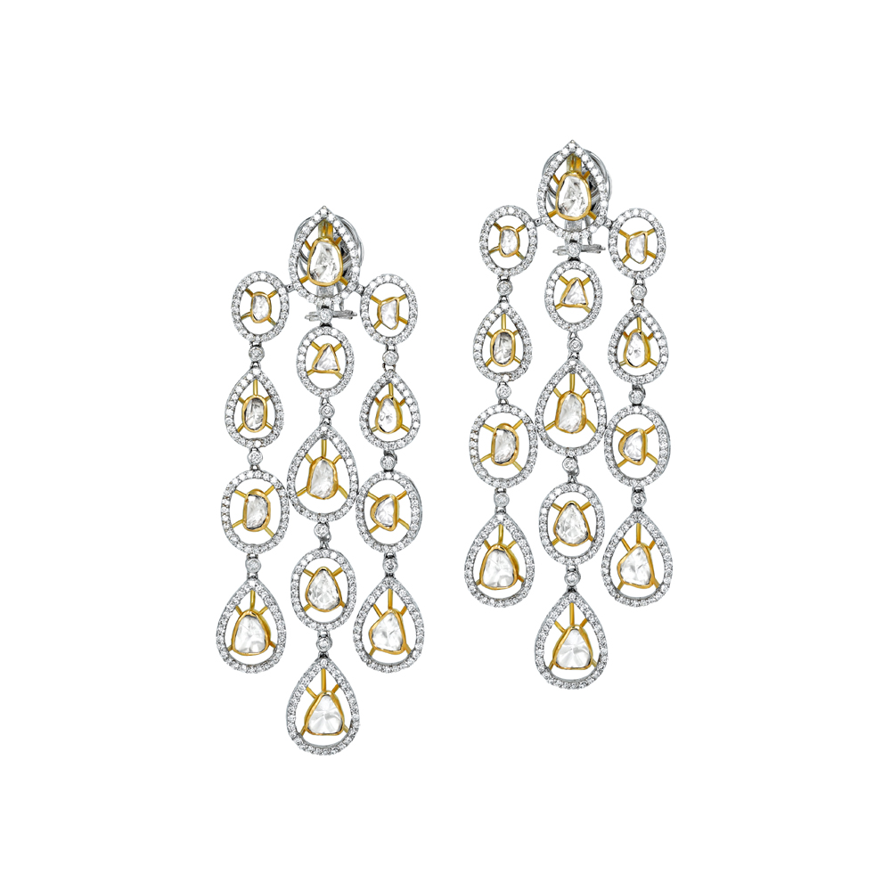 Chandelier Earrings with Pear-Shaped Polki and Diamond Halo